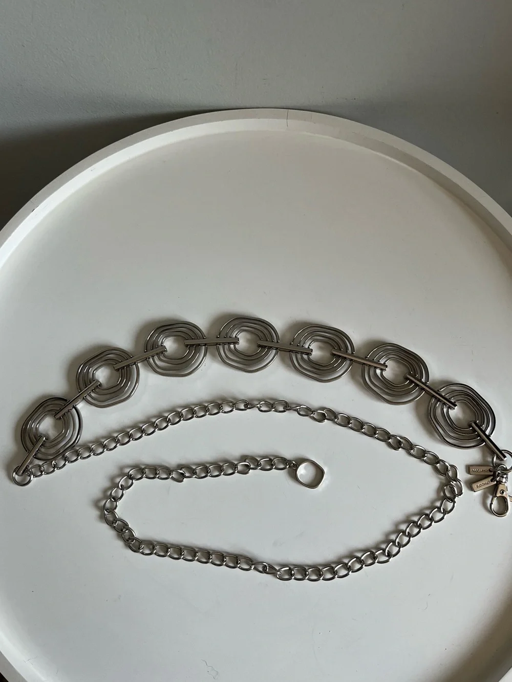 Chico’s Silver Tone Geometric Circles Metal Chain Belt Adjustable One Size